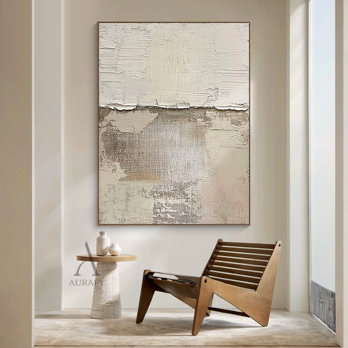 Beige abstract impasto artwork, upper part features stacked light beige and white thick paint layers with natural cracked, peeling edges showing time-worn effect, lower part exposes raw grid canvas texture, scattered light brown and pale gray mottled worn marks across the surface, wabi-sabi modern organic tactile wall art for neutral home decor, Japandi living room, minimalist bedroom, entryway styling.