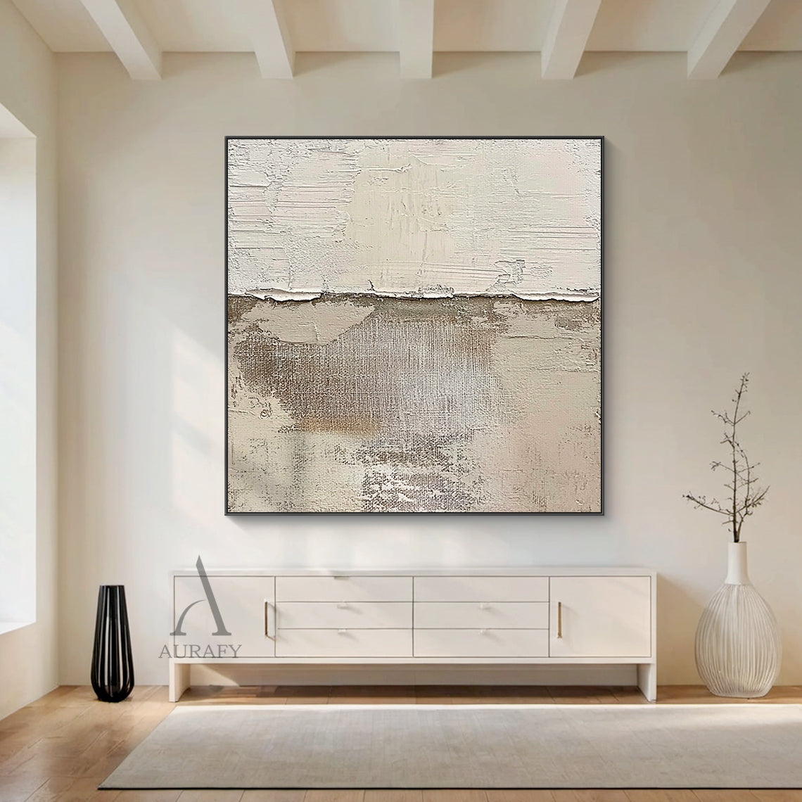 Beige abstract impasto artwork, upper part features stacked light beige and white thick paint layers with natural cracked, peeling edges showing time-worn effect, lower part exposes raw grid canvas texture, scattered light brown and pale gray mottled worn marks across the surface, wabi-sabi modern organic tactile wall art for neutral home decor, Japandi living room, minimalist bedroom, entryway styling.