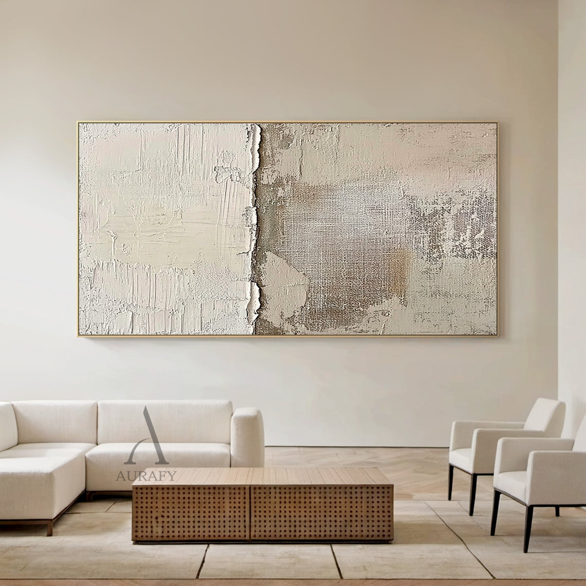 Beige abstract impasto artwork, upper part features stacked light beige and white thick paint layers with natural cracked, peeling edges showing time-worn effect, lower part exposes raw grid canvas texture, scattered light brown and pale gray mottled worn marks across the surface, wabi-sabi modern organic tactile wall art for neutral home decor, Japandi living room, minimalist bedroom, entryway styling.