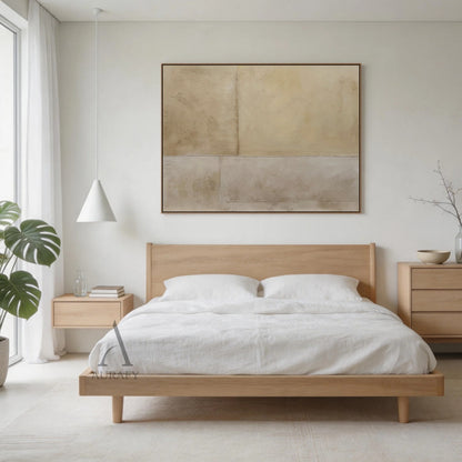 Square beige abstract wabi-sabi canvas wall art mounted on an off-white living room wall above a low linen sofa, divided into 4 irregular rectangular blocks with layered neutral beige hues: upper sections in warm cream beige and light khaki, lower sections in cool muted grayish off-white. Full surface has micro cement/mineral plaster-like uneven textured finish with subtle mottled effect, rough raised raw-edge seams separate each block, this soft organic tactile Japandi minimalist neutral wall decor brings 