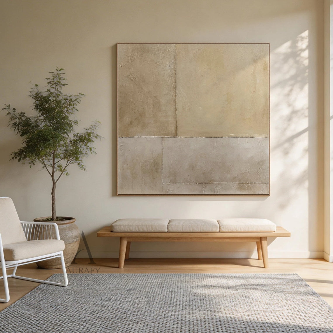 Square beige general abstract wabi-sabi canvas wall art, divided into 4 irregular rectangular blocks with layered neutral beige hues: upper sections in warm cream beige and light khaki, lower sections in cool muted grayish off-white. Full surface has micro cement/mineral plaster-like uneven textured finish with subtle mottled effect, rough raised raw-edge seams separate each block, soft organic tactile Japandi minimalist neutral wall decor for calm home spaces.