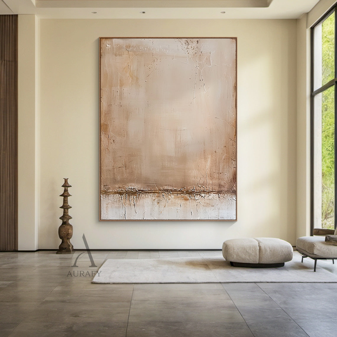 Beige wabi-sabi minimalist abstract wall art, with warm neutral palette blending soft beige, light brown, off-white and warm brown tones, full of natural crackle textures across the surface, distressed mottled worn effect on edges, a thick horizontal textured band at the lower section, no figurative objects, soft natural color gradient, tactile embossed surface, fits cream-style entryway, minimalist dining room, Scandinavian neutral home, modern studio wall decor.