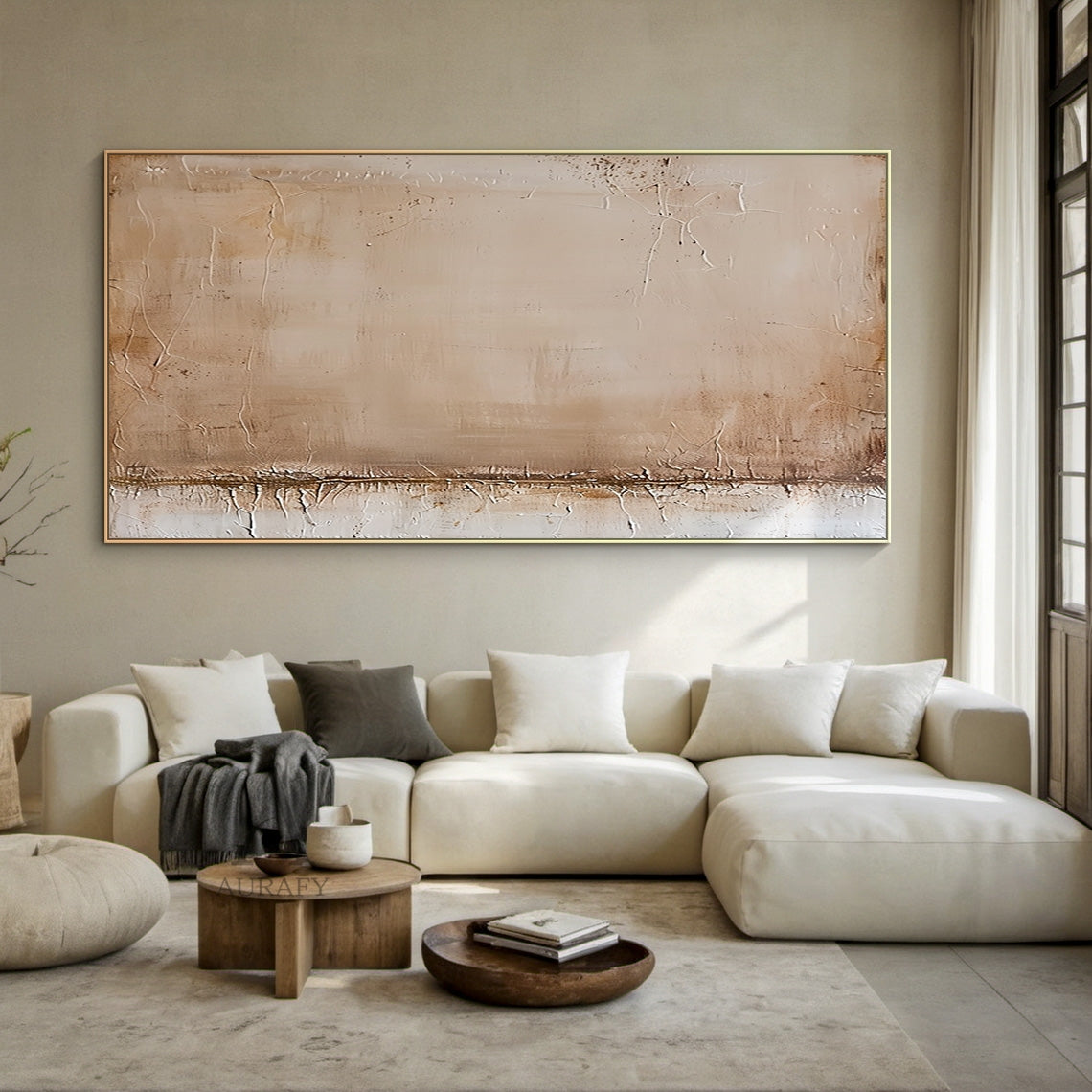 Beige wabi-sabi minimalist abstract wall art, with warm neutral palette blending soft beige, light brown, off-white and warm brown tones, full of natural crackle textures across the surface, distressed mottled worn effect on edges, a thick horizontal textured band at the lower section, no figurative objects, soft natural color gradient, tactile embossed surface, fits cream-style entryway, minimalist dining room, Scandinavian neutral home, modern studio wall decor.