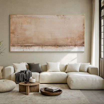 Beige wabi-sabi minimalist abstract wall art, with warm neutral palette blending soft beige, light brown, off-white and warm brown tones, full of natural crackle textures across the surface, distressed mottled worn effect on edges, a thick horizontal textured band at the lower section, no figurative objects, soft natural color gradient, tactile embossed surface, fits cream-style entryway, minimalist dining room, Scandinavian neutral home, modern studio wall decor.