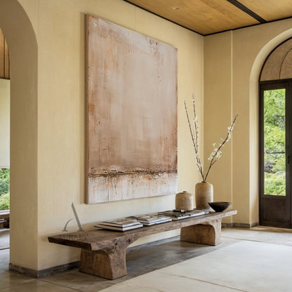 Beige wabi-sabi minimalist abstract wall art, warm neutral color palette integrates soft beige, light tan, off-white and warm earthy brown tones, the entire surface is covered with natural crackle textures, the edges present a distressed mottled vintage worn effect, there is a thick textured horizontal band at the bottom, no concrete figurative elements, with natural soft color gradient and embossed tactile surface, suitable for cream-style living room accent wall, minimalist bedroom headboard wall, bohemia