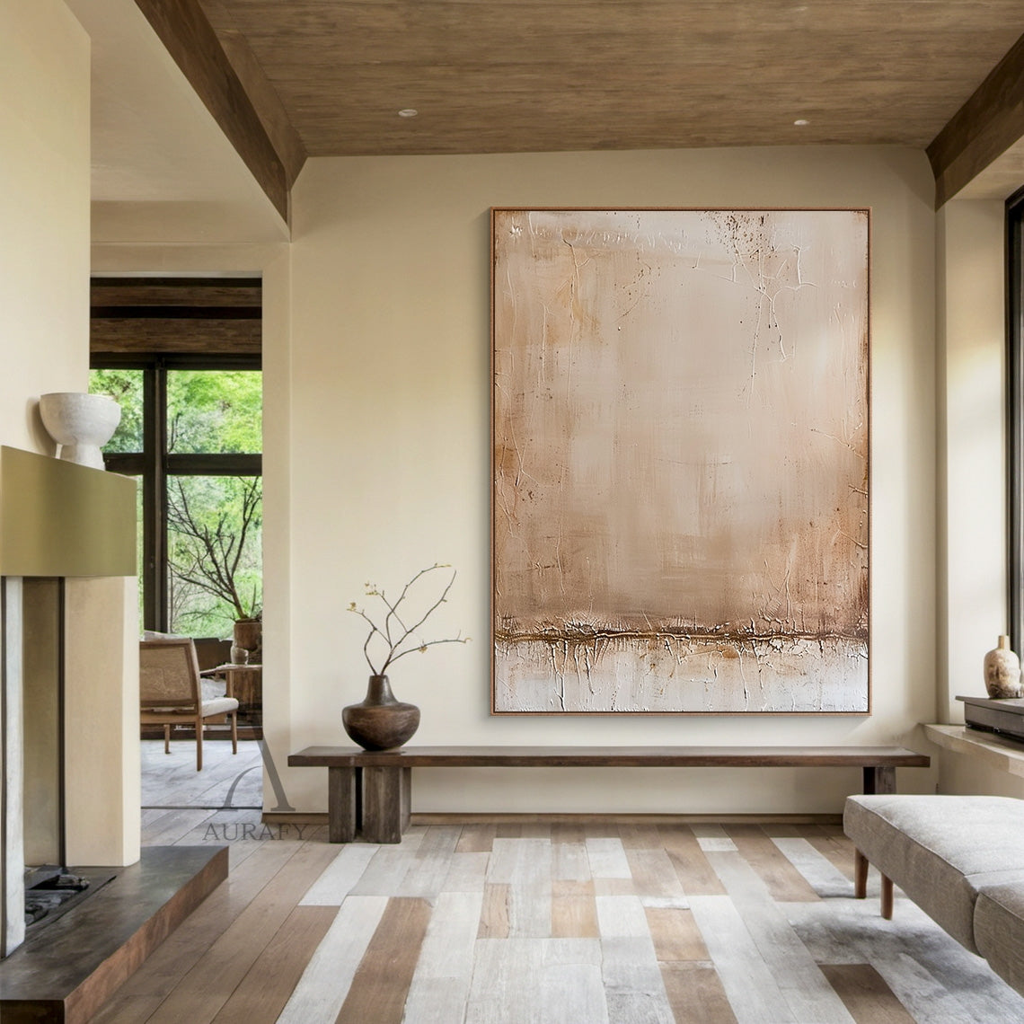 Beige wabi-sabi minimalist abstract wall art, warm neutral color palette integrates soft beige, light tan, off-white and warm earthy brown tones, the entire surface is covered with natural crackle textures, the edges present a distressed mottled vintage worn effect, there is a thick textured horizontal band at the bottom, no concrete figurative elements, with natural soft color gradient and embossed tactile surface, suitable for cream-style living room accent wall, minimalist bedroom headboard wall, bohemia