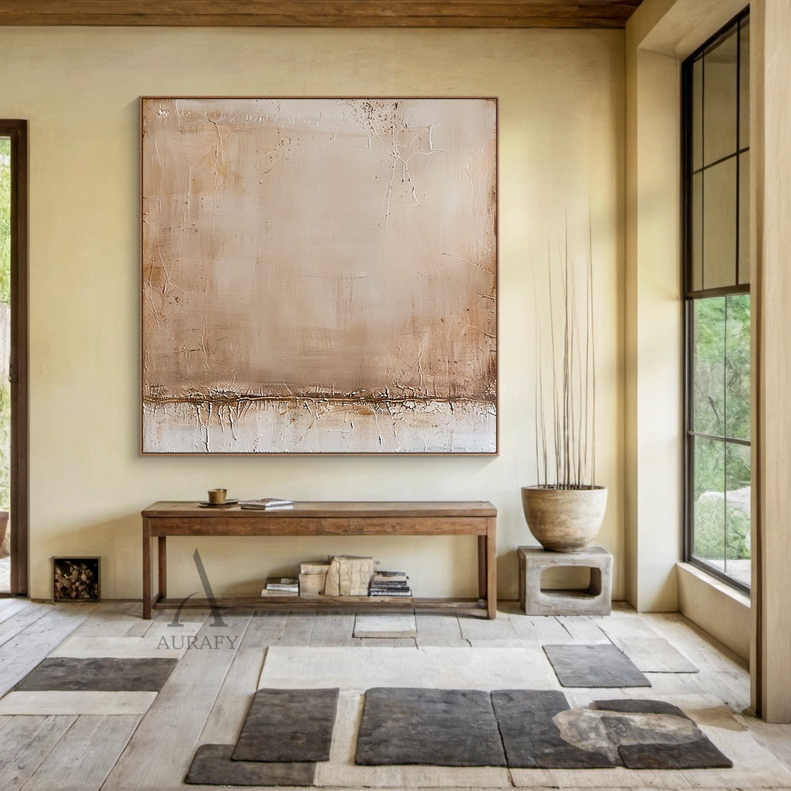 Beige wabi-sabi minimalist abstract wall art, with warm neutral palette blending soft beige, light brown, off-white and warm brown tones, full of natural crackle textures across the surface, distressed mottled worn effect on edges, a thick horizontal textured band at the lower section, no figurative objects, soft color gradient, tactile surface, fits Japandi living room, neutral bedroom, modern office neutral home decor.