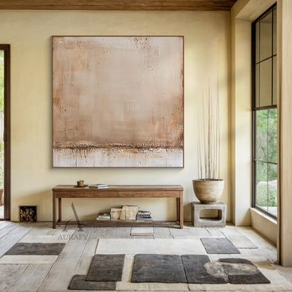 Beige wabi-sabi minimalist abstract wall art, with warm neutral palette blending soft beige, light brown, off-white and warm brown tones, full of natural crackle textures across the surface, distressed mottled worn effect on edges, a thick horizontal textured band at the lower section, no figurative objects, soft color gradient, tactile surface, fits Japandi living room, neutral bedroom, modern office neutral home decor.