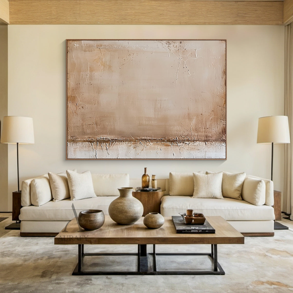 Beige wabi-sabi minimalist abstract wall art, with warm neutral palette blending soft beige, light brown, off-white and warm brown tones, full of natural crackle textures across the surface, distressed mottled worn effect on edges, a thick horizontal textured band at the lower section, no figurative objects, soft color gradient, tactile surface, fits Japandi living room, neutral bedroom, modern office neutral home decor.