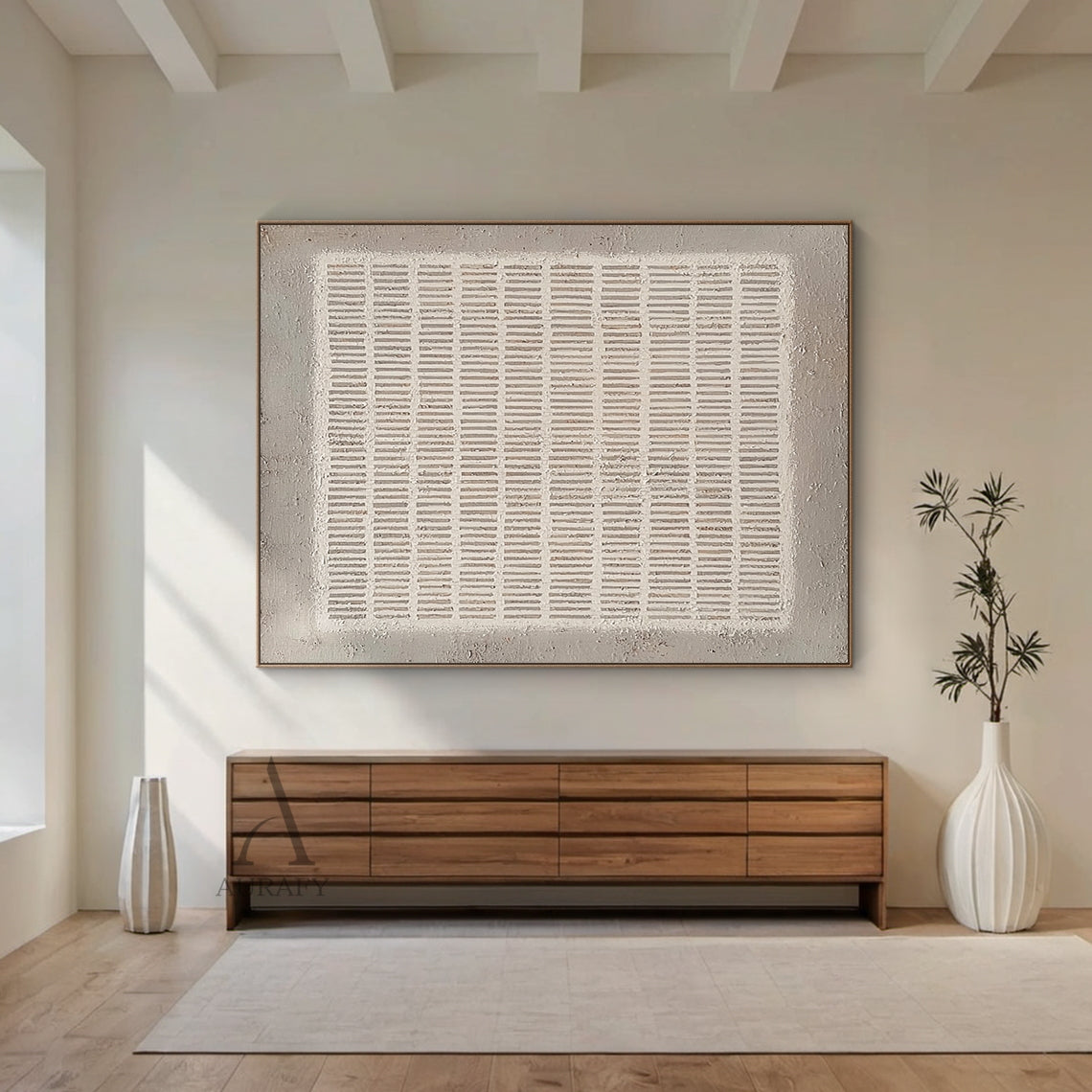 Handcrafted Gray Abstract Art - Minimalist Grid with Vertical Lines, Rough Edges, and Tactile 3D Surface in Neutral Tones (Off-White, Light Gray, Taupe) for Modern Home Office Above Wooden Desk, Minimalist Entryway Console, or Cozy Reading Nook. Wabi-Sabi Imperfection Adds Warmth to Focused or Relaxing Spaces. This Abstract Piece Features Organic Grid Patterns and Handapplied Texture to Elevate Neutral Interiors with Quiet Sophistication. Suitable for Modern Minimalist or Cozy Wabi-Sabi Decor Styles. Dust G