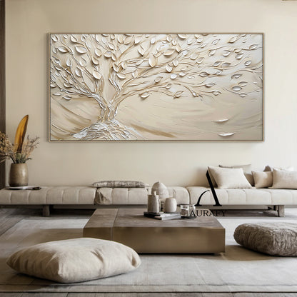 Beige & soft pale yellow high-relief impasto knife painted tree landscape wall art AURA536 by Aurafy, real home scene display installed on neutral-toned living room accent wall, handcrafted with 3D raised sculpted texture, features wind-swept flowing branches and raised leaves on warm muted neutral base, Japandi wabi-sabi minimalist organic modern home decor piece suitable for living room, bedroom, entryway space decoration