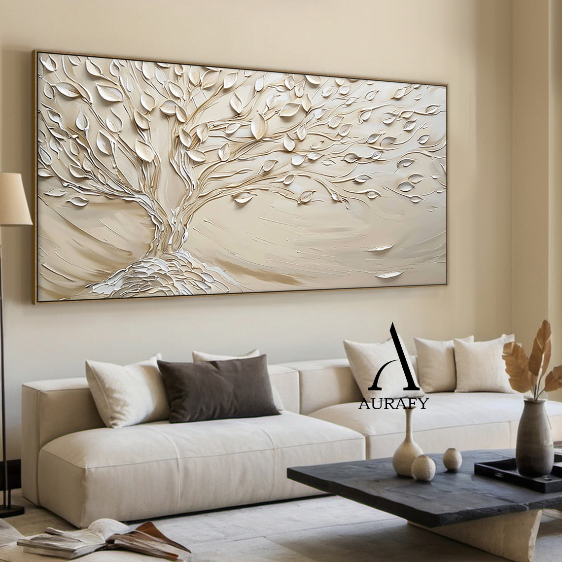 Beige & soft pale yellow high-relief impasto knife painted tree landscape wall art AURA536 by Aurafy, real home scene display mounted above low-profile light oak bed on creamy warm bedroom background wall, handcrafted with 3D raised sculpted texture, features wind-swept flowing branches and raised leaves on warm muted neutral base, Japandi wabi-sabi minimalist organic modern home decor piece suitable for living room, bedroom, entryway space decoration