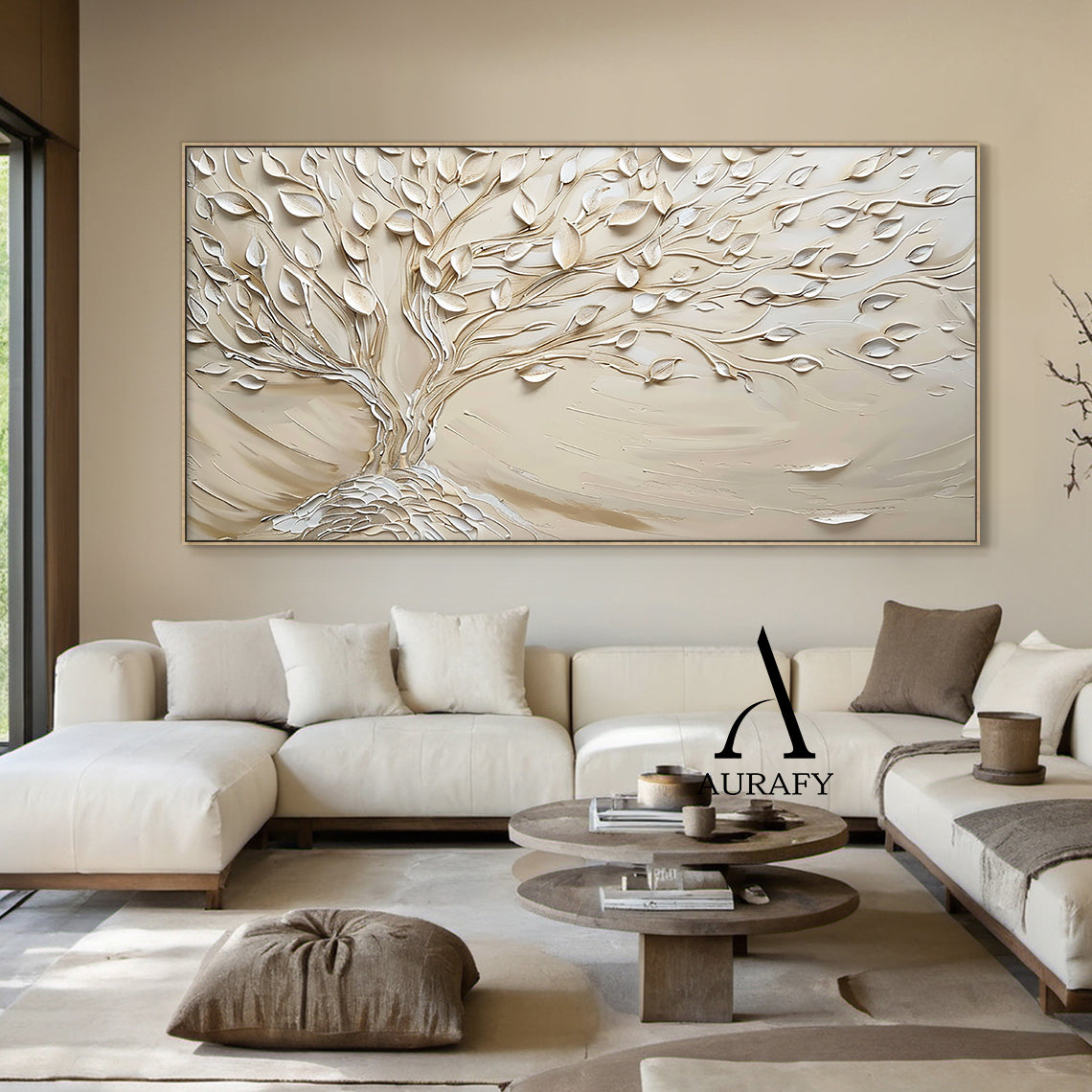 Beige & soft pale yellow high-relief impasto knife painted tree landscape wall art, handcrafted with 3D raised sculpted texture, features wind-swept flowing branches and raised leaves on warm muted neutral base, Japandi wabi-sabi minimalist organic modern home decor piece AURA536 by Aurafy.