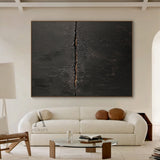 Black Abstract Textured Plaster Wabi-Sabi Gold Accent Sculpted Canvas Minimalist Luxe Tactile Wall Art AURA723