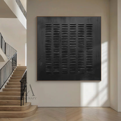 Black Minimalist Abstract Art (AURA602): Presented as a refined centerpiece above a plush light beige linen sofa in a bright modern living room, where natural sunlight filters through sheer white curtains to cast gentle shadows, this piece features embossed short horizontal lines arranged in vertical columns (20-25 parallel lines per column, evenly spaced) on a dark, worn textured background with subtle tonal variations (evoking aged metal or paper). The lines have a faint sheen, creating subtle contrast ag