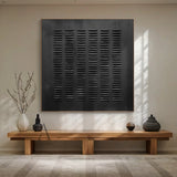 Black Minimalist Abstract Art Embossed Lines Tactile Subtle Worn Surface Monochromatic Piece AURA602