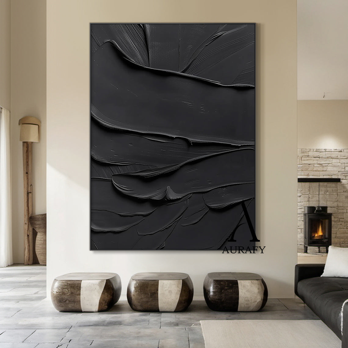 Black minimalist textured abstract wall art, featuring thick impasto knife-scraped matte black paint strokes with natural flowing undulations, raised ridges and subtle brush marks. All light and shadow variations come from the dimensional texture's light reflection difference, no extra pigments are added, with a tiny AURAFY brand logo at the bottom right corner, suitable for wabi-sabi, Japandi, modern industrial interior decor.