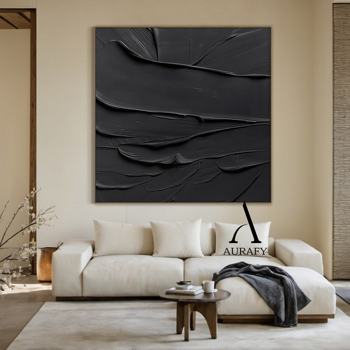 Black minimalist textured abstract wall art, featuring thick impasto knife-scraped matte black paint strokes with natural flowing undulations, raised ridges and subtle brush marks. All light and shadow variations come from the dimensional texture's light reflection difference, no extra pigments are added, with a tiny AURAFY brand logo at the bottom right corner, suitable for wabi-sabi, Japandi, modern industrial interior decor.
