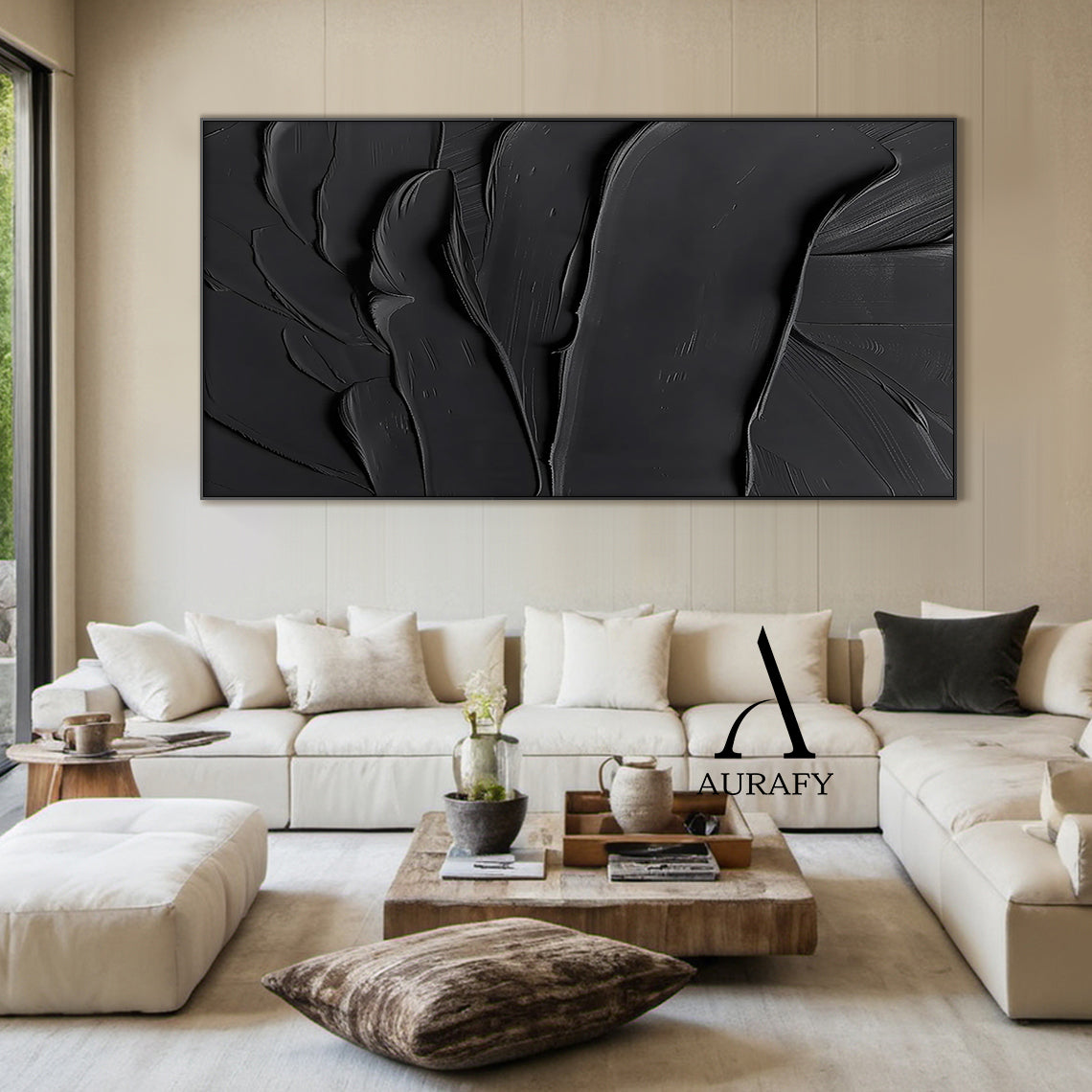 Black minimalist textured abstract wall art, featuring thick impasto knife-scraped matte black paint strokes with natural flowing undulations, raised ridges and subtle brush marks. All light and shadow variations come from the dimensional texture's light reflection difference, no extra pigments are added, with a tiny AURAFY brand logo at the bottom right corner, suitable for wabi-sabi, Japandi, modern industrial interior decor.