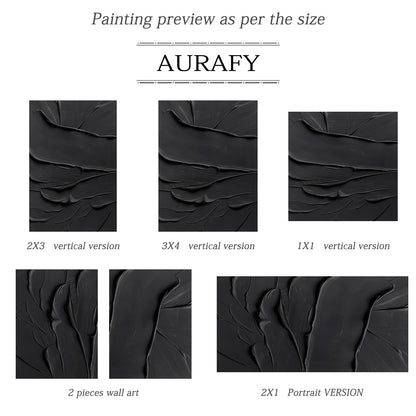 Black minimalist textured abstract wall art, featuring thick impasto knife-scraped matte black paint strokes with natural flowing undulations, raised ridges and subtle brush marks. All light and shadow variations come from the dimensional texture's light reflection difference, no extra pigments are added, with a tiny AURAFY brand logo at the bottom right corner, suitable for wabi-sabi, Japandi, modern industrial interior decor.
