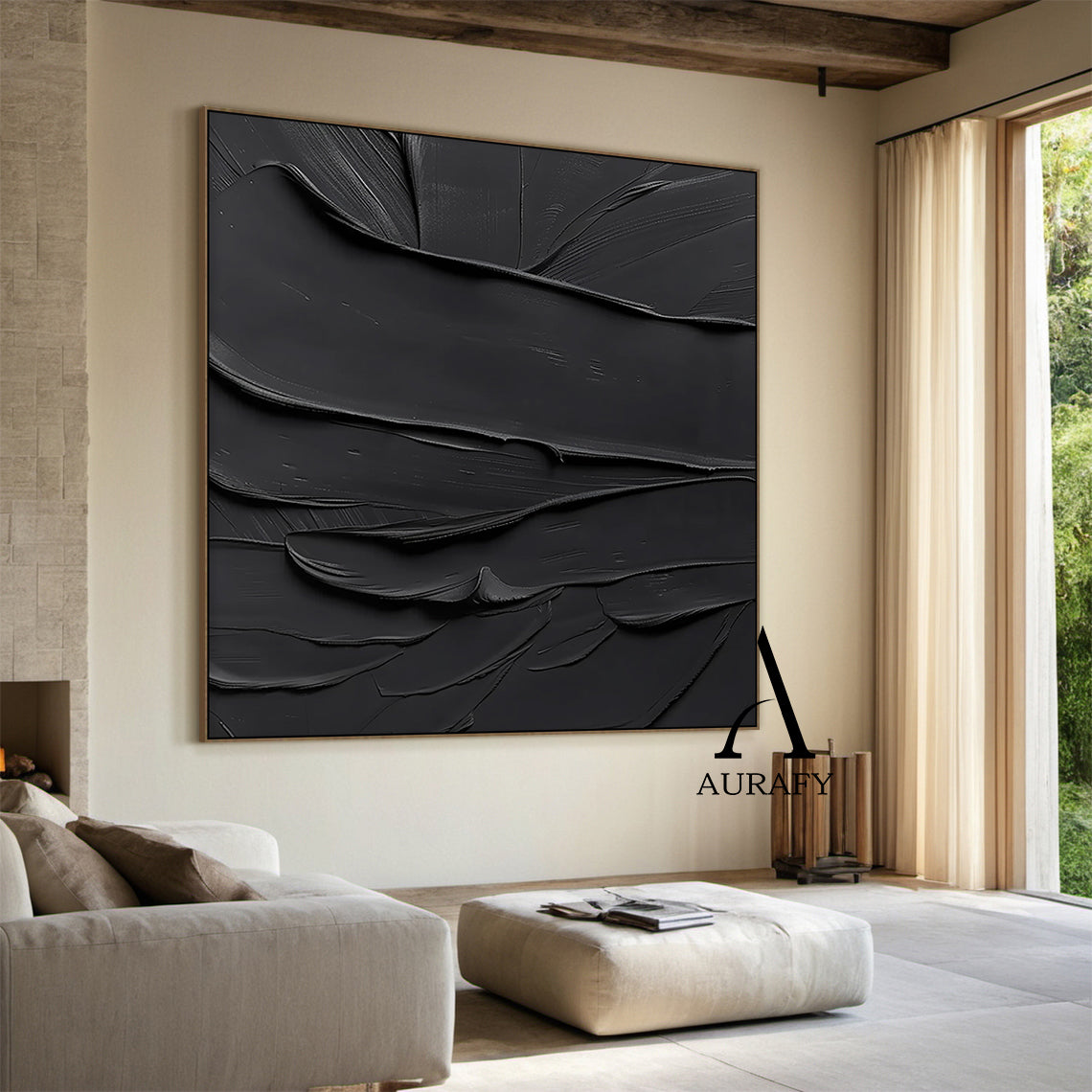 Black minimalist textured abstract wall art, featuring thick impasto knife-scraped matte black paint strokes with natural flowing undulations, raised ridges and subtle brush marks. All light and shadow variations come from the dimensional texture's light reflection difference, no extra pigments are added, with a tiny AURAFY brand logo at the bottom right corner, suitable for wabi-sabi, Japandi, modern industrial interior decor.
