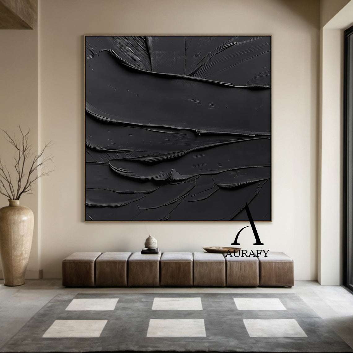 Black minimalist textured abstract wall art, featuring thick impasto knife-scraped matte black paint strokes with natural flowing undulations, raised ridges and subtle brush marks. All light and shadow variations come from the dimensional texture's light reflection difference, no extra pigments are added, with a tiny AURAFY brand logo at the bottom right corner, suitable for wabi-sabi, Japandi, modern industrial interior decor.