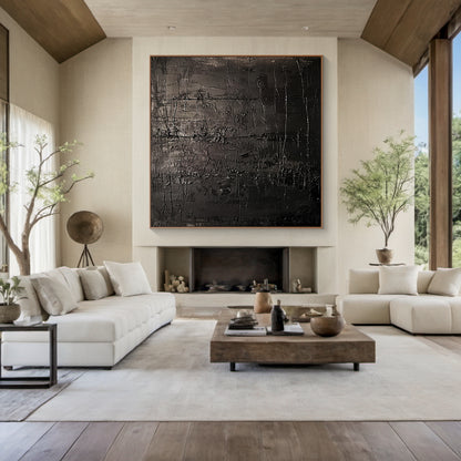 Black Abstract Art Modern Wabi-Sabi Canvas Wall Art (AURA192) - Impasto & Scraped Mottled Rough Tactile Texture with Thick Paint Layers and Crossed Horizontal/Vertical Lines. Displayed in a Serene Modern Wabi-Sabi Living Room with Wooden Beams, White Walls, Natural Light from Large Windows, Neutral Rug, and Rustic Decor. Ideal for Minimalist or Nature-Inspired Home Spaces to Add Artistic Tension.