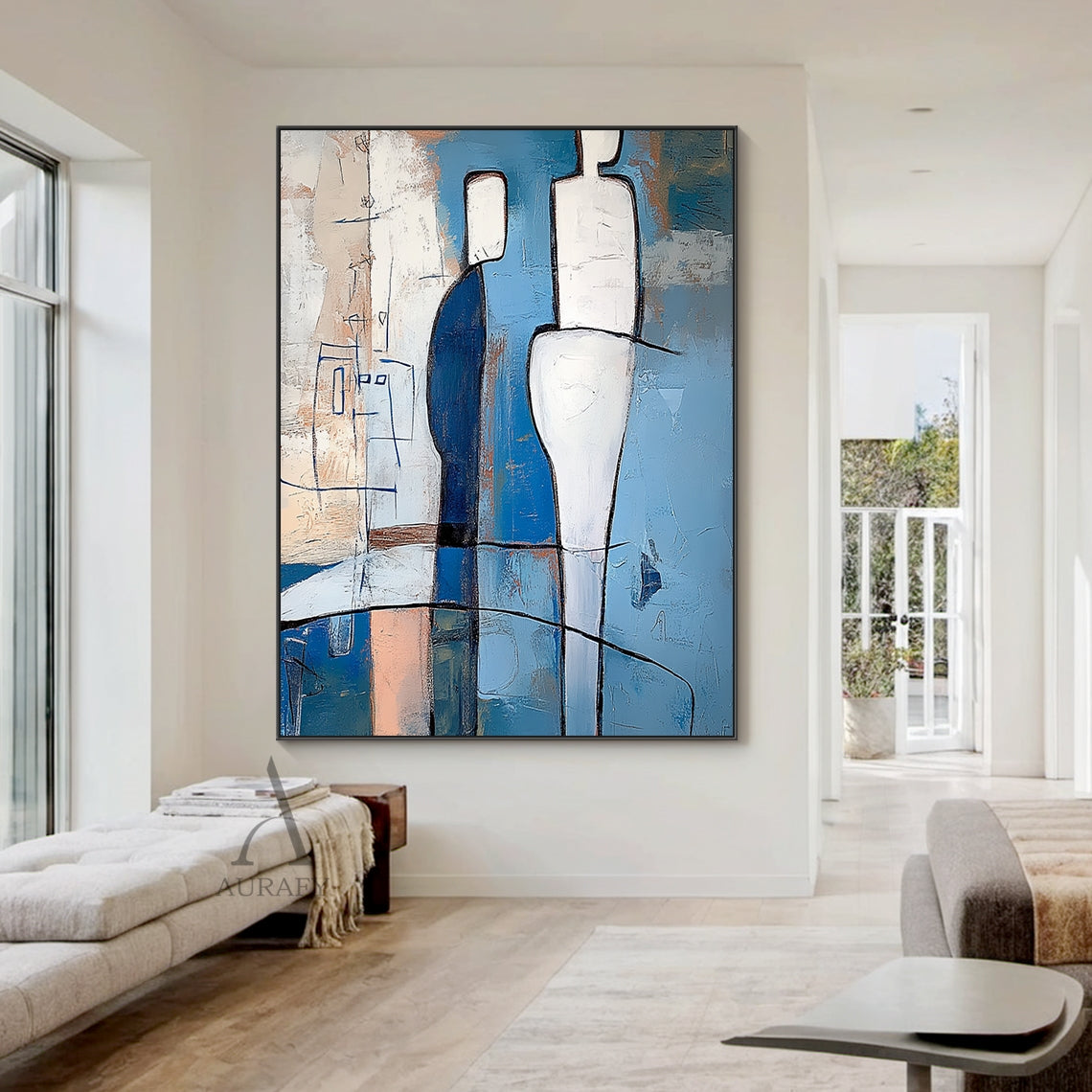 Blue abstract wall art (AURA648) with tactile layered brushstrokes and bold black outlined geometric humanoid forms. Features two central contrasting figures: a deep navy blocky figure with white head, a taller fluid curved white figure, plus a delicate thin blue line sketch humanoid on the left. Painterly background in sky blue, azure, navy tones with subtle warm beige and cream accents, presents calm introspective modern abstract aesthetic perfect for contemporary home decor.