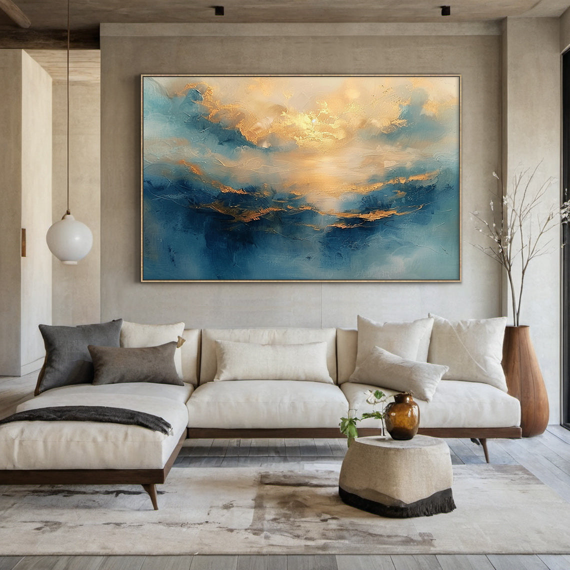 3D thick impasto abstract coastal landscape painting home decor scene display, layered blue tones ranging from misty light blue to deep inky navy, warm metallic gold accents capturing hazy dusk glow filtering through wispy clouds, shimmering golden sunlight reflection rippling on calm water, raised palette knife stroke textured finish clearly visible, Japandi wabi-sabi minimalist luxe wall art mounted on neutral cream living room wall, AURA709