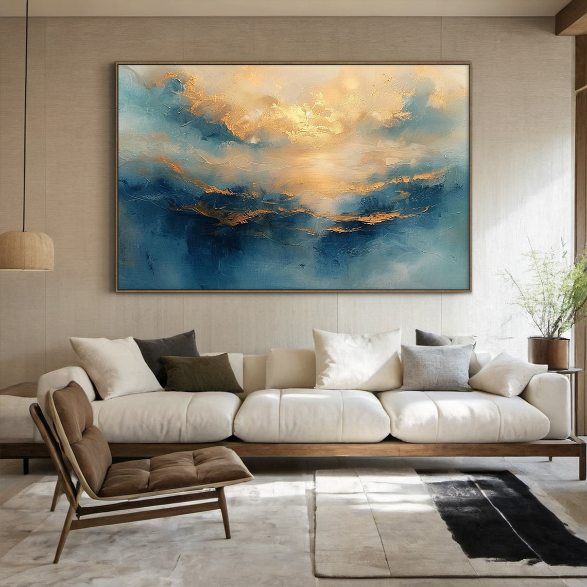 3D thick impasto abstract coastal landscape painting home decor scene display, layered blue tones ranging from misty light blue to deep inky navy, warm metallic gold accents capturing hazy dusk glow filtering through wispy clouds, shimmering golden sunlight reflection rippling on calm water, raised palette knife stroke textured finish clearly visible, Japandi wabi-sabi minimalist luxe wall art hung above light oak fabric headboard on soft warm white bedroom wall, AURA709