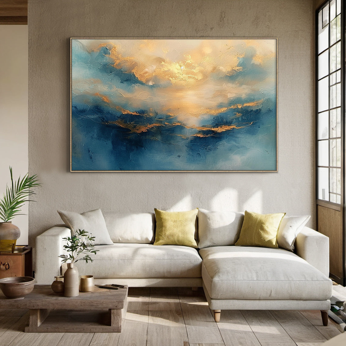 3D thick impasto abstract coastal landscape painting, layered blue tones ranging from misty light blue to deep inky navy, warm metallic gold accents capturing hazy dawn or sunset light breaking through clouds, glowing golden sunlight reflection on calm water, raised knife stroke textured finish, Japandi wabi-sabi minimalist luxe wall art for home decor, AURA709