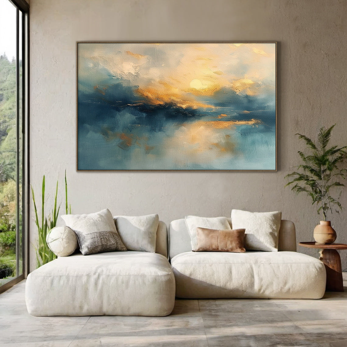 Semi-abstract impressionist coastal sunset landscape oil painting, handcrafted with thick impasto knife and brush strokes with visible paint texture. Features a vivid golden hour coastal waterscape: round tangerine sun hanging low above the rugged dark stone shoreline, pouring warm amber, terracotta, milky white glow over soft wispy clouds; rough dark charcoal rocky edges at horizon are dotted with gilded sunlit highlights; rippling water reflects the sunset glow with layered blue shades from deep cobalt, d