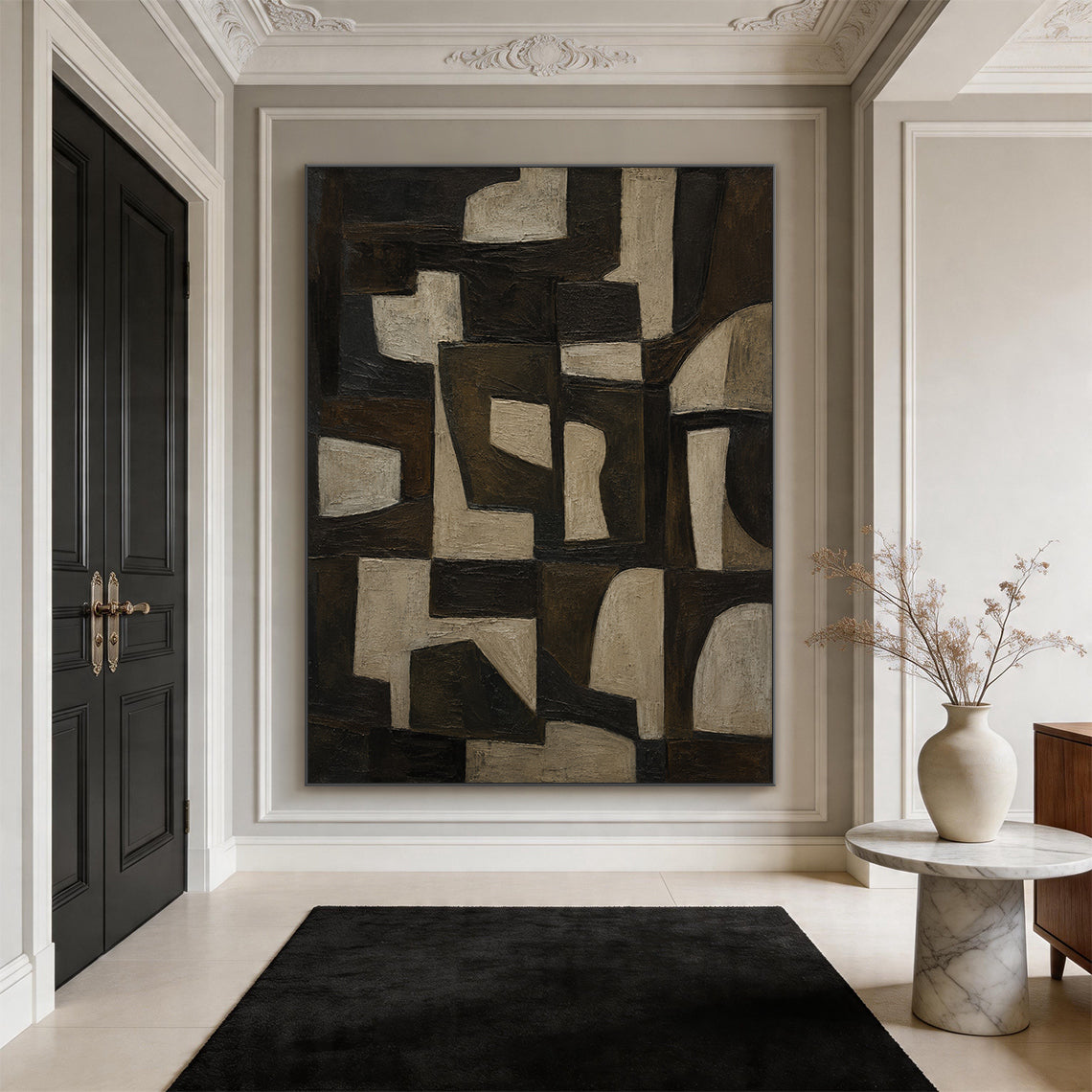 Brown 3D textured impasto abstract geometric canvas wall art AURA707 real installation scene display, features muted earthy brown tones ranging from near-black dark brown, warm mid-brown to light beige gray. The artwork consists of interlocking irregular geometric shapes including angular polygons and softly curved blocks arranged in a well-organized layout, its hand-painted thick impasto technique forms a raised tactile surface with clear visible brushstrokes, the real shot presents its excellent decorativ