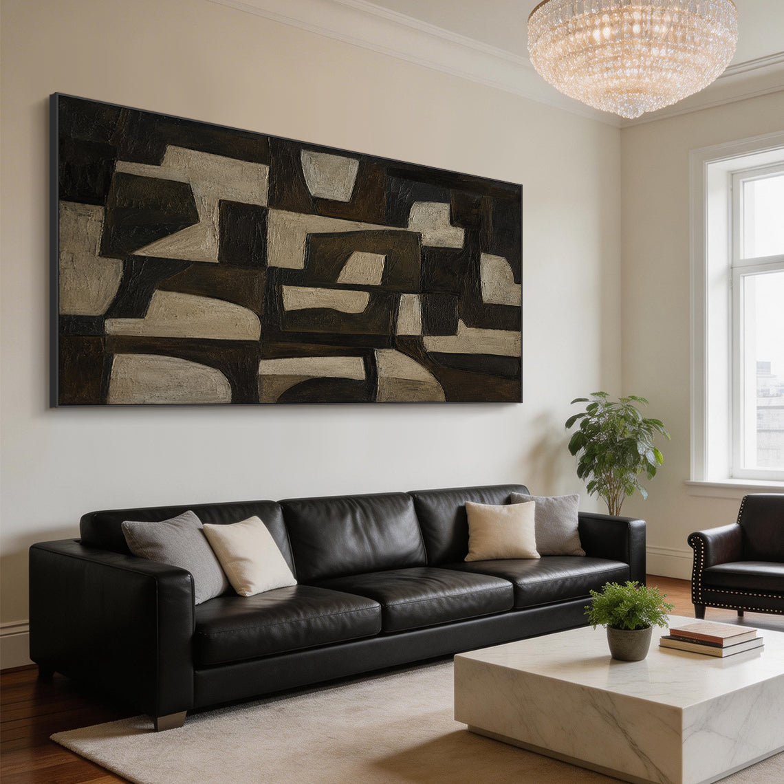 Brown 3D textured impasto abstract geometric canvas wall art AURA707 real installation scene display, features muted earthy brown tones ranging from near-black dark brown, warm mid-brown to light beige gray. The artwork consists of interlocking irregular geometric shapes including angular polygons and softly curved blocks arranged in a well-organized layout, its hand-painted thick impasto technique forms a raised tactile surface with clear visible brushstrokes, the real shot presents its excellent decorativ