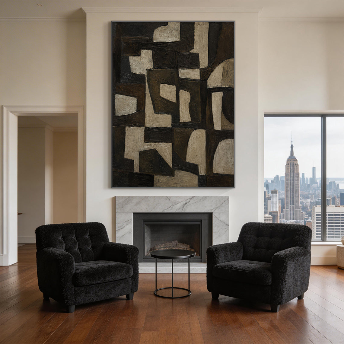 Brown 3D textured impasto abstract geometric canvas wall art AURA707 real home space installation scene display, features muted earthy brown tones ranging from near-black dark brown, warm mid-brown to soft light beige gray. The artwork consists of interlocking irregular geometric shapes including angular polygons and softly curved blocks arranged in a balanced cohesive layout, its hand-painted thick impasto technique forms a raised tactile surface with distinct visible brushstrokes, this real shot presents 