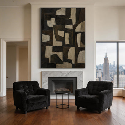 Brown 3D textured impasto abstract geometric canvas wall art AURA707 real home space installation scene display, features muted earthy brown tones ranging from near-black dark brown, warm mid-brown to soft light beige gray. The artwork consists of interlocking irregular geometric shapes including angular polygons and softly curved blocks arranged in a balanced cohesive layout, its hand-painted thick impasto technique forms a raised tactile surface with distinct visible brushstrokes, this real shot presents 
