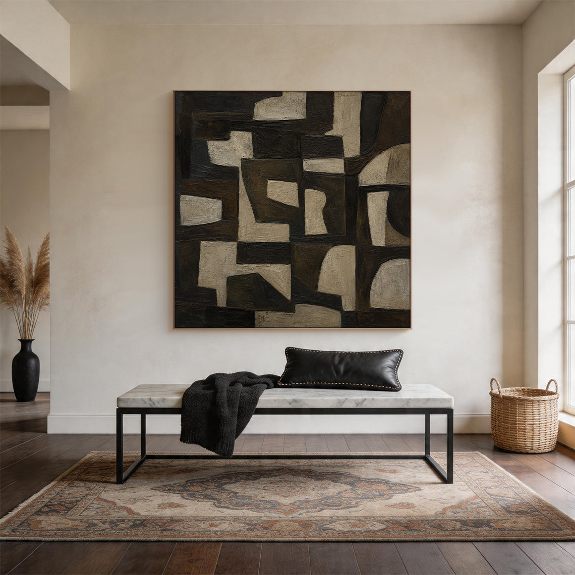 Brown 3D textured impasto abstract geometric canvas wall art AURA707 real home space installation scene display, features muted earthy brown tones ranging from near-black dark brown, warm mid-brown to soft light beige gray. The artwork consists of interlocking irregular geometric shapes including angular polygons and softly curved blocks arranged in a balanced cohesive layout, its hand-painted thick impasto technique forms a raised tactile surface with distinct visible brushstrokes, this real shot presents 