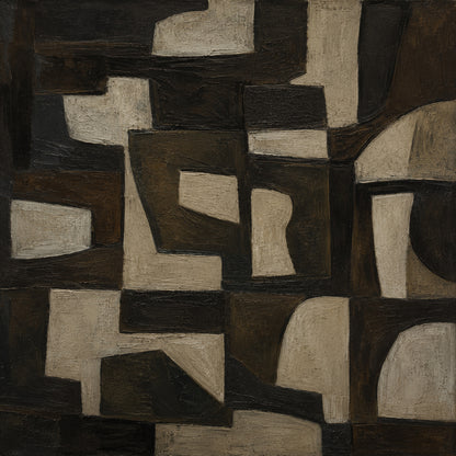 Brown 3D textured impasto abstract geometric canvas wall art AURA707 real home space installation scene display, features muted earthy brown tones ranging from near-black dark brown, warm mid-brown to soft light beige gray. The artwork consists of interlocking irregular geometric shapes including angular polygons and softly curved blocks arranged in a balanced cohesive layout, its hand-painted thick impasto technique forms a raised tactile surface with distinct visible brushstrokes, this real shot presents 