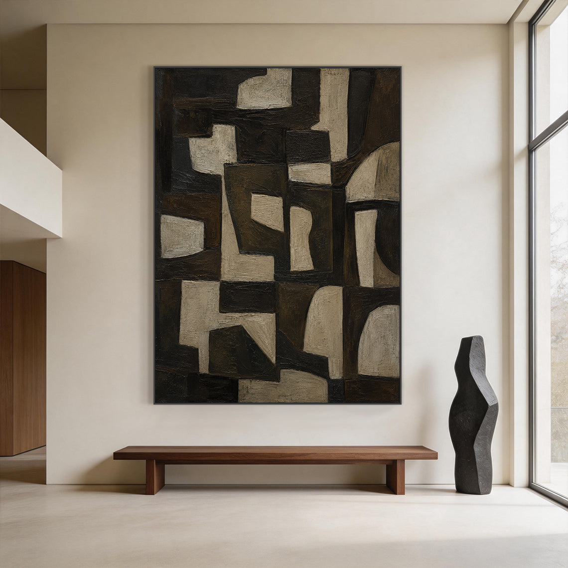 Brown 3D textured impasto abstract geometric canvas wall art AURA707, features muted earthy brown tones ranging from near-black dark brown, warm mid-brown to light beige gray. The composition is made of interlocking irregular geometric shapes, including angular polygons and softly curved blocks arranged in a well-organized layout. The hand-painted thick impasto technique creates a raised, tactile surface with clear visible brushstrokes, ideal for wabi-sabi, Japandi, minimalist and mid-century modern interio