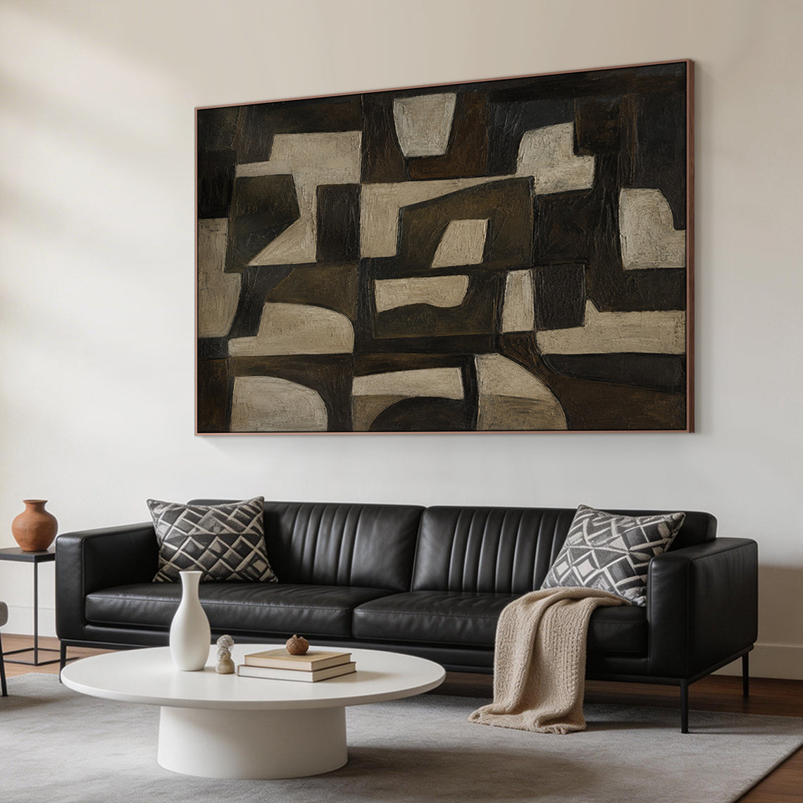 Brown 3D textured impasto abstract geometric canvas wall art AURA707, features muted earthy brown tones ranging from near-black dark brown, warm mid-brown to light beige gray. The composition is made of interlocking irregular geometric shapes, including angular polygons and softly curved blocks arranged in a well-organized layout. The hand-painted thick impasto technique creates a raised, tactile surface with clear visible brushstrokes, ideal for wabi-sabi, Japandi, minimalist and mid-century modern interio