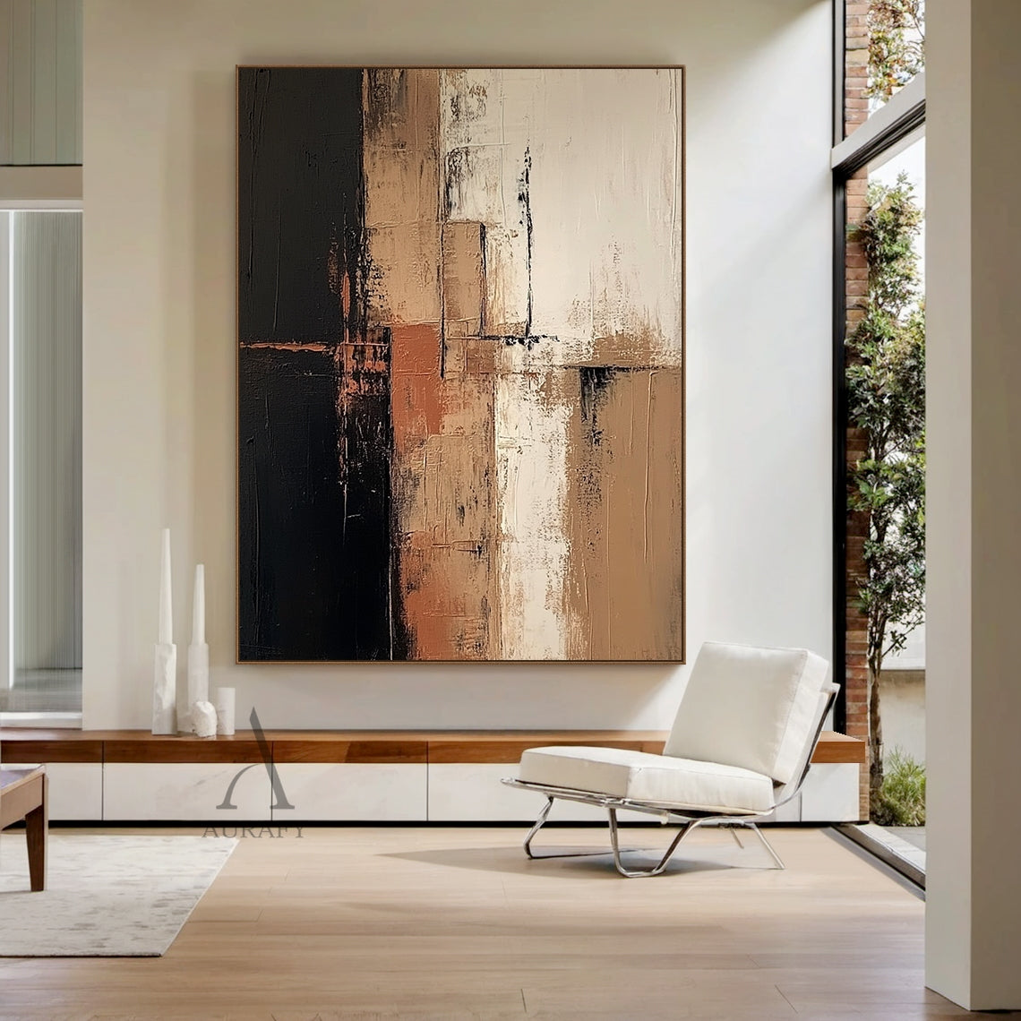 Abstract Brown Black Textured Canvas Art (AURA642) Real Scene Display, general abstract style artwork with layered irregular blocks of deep black, varying warm brown shades, soft off-white, subtle terracotta accents, divided by uneven dark lines. Thick impasto paint application, rough vertical brushstrokes, blurred feathered color transitions deliver a strong tactile, hand-painted textured visual effect, presented hung on a neutral plain wall to show the actual decor effect, perfectly suitable for modern ne