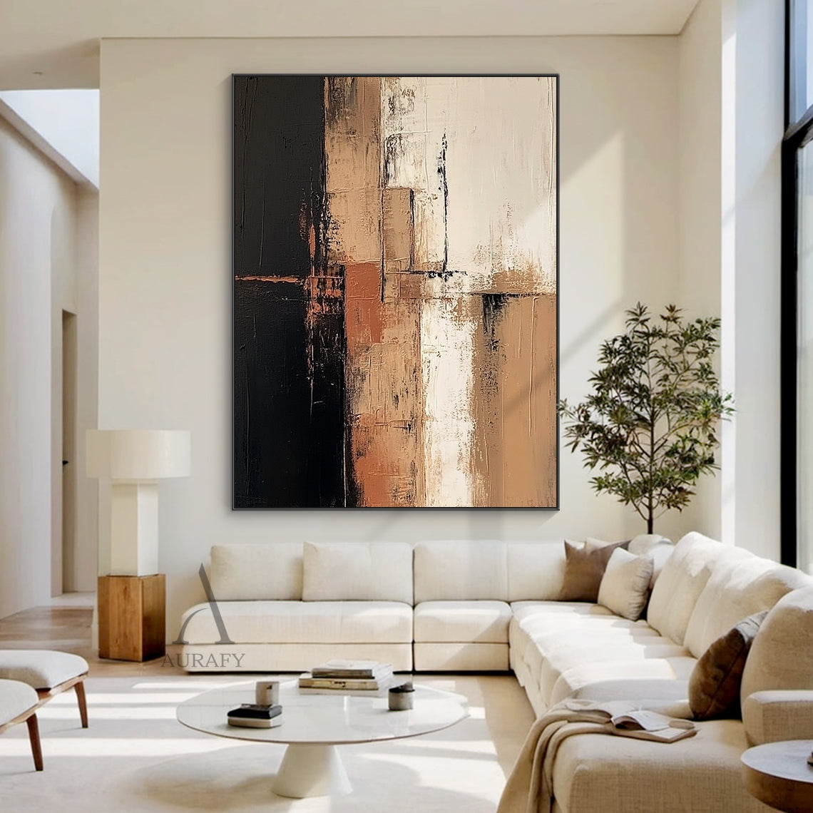 Abstract Brown Black Textured Canvas Art (AURA642), general abstract style artwork with layered irregular blocks of deep black, varying warm brown shades, soft off-white, subtle terracotta accents, divided by uneven dark lines. Thick impasto paint application, rough vertical brushstrokes, blurred feathered color transitions deliver a strong tactile, hand-painted textured visual effect, ideal for modern neutral, Japandi, minimalist interior decor.