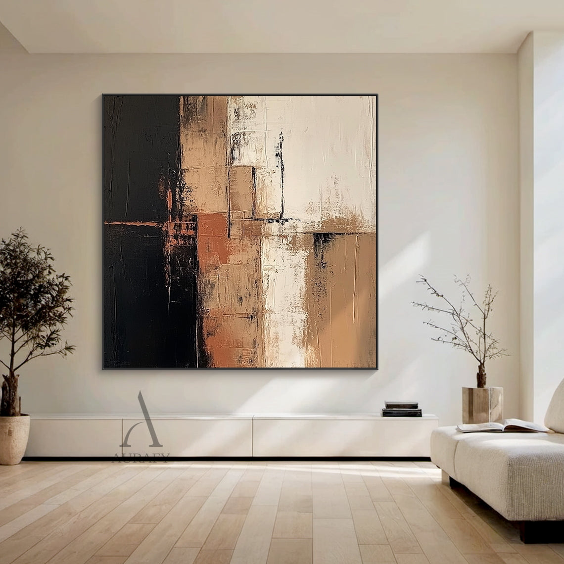 Abstract Brown Black Textured Canvas Art (AURA642), general abstract style artwork with layered irregular blocks of deep black, varying warm brown shades, soft off-white, subtle terracotta accents, divided by uneven dark lines. Thick impasto paint application, rough vertical brushstrokes, blurred feathered color transitions deliver a strong tactile, hand-painted textured visual effect, ideal for modern neutral, Japandi, minimalist interior decor.