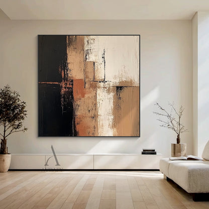 Abstract Brown Black Textured Canvas Art (AURA642), general abstract style artwork with layered irregular blocks of deep black, varying warm brown shades, soft off-white, subtle terracotta accents, divided by uneven dark lines. Thick impasto paint application, rough vertical brushstrokes, blurred feathered color transitions deliver a strong tactile, hand-painted textured visual effect, ideal for modern neutral, Japandi, minimalist interior decor.