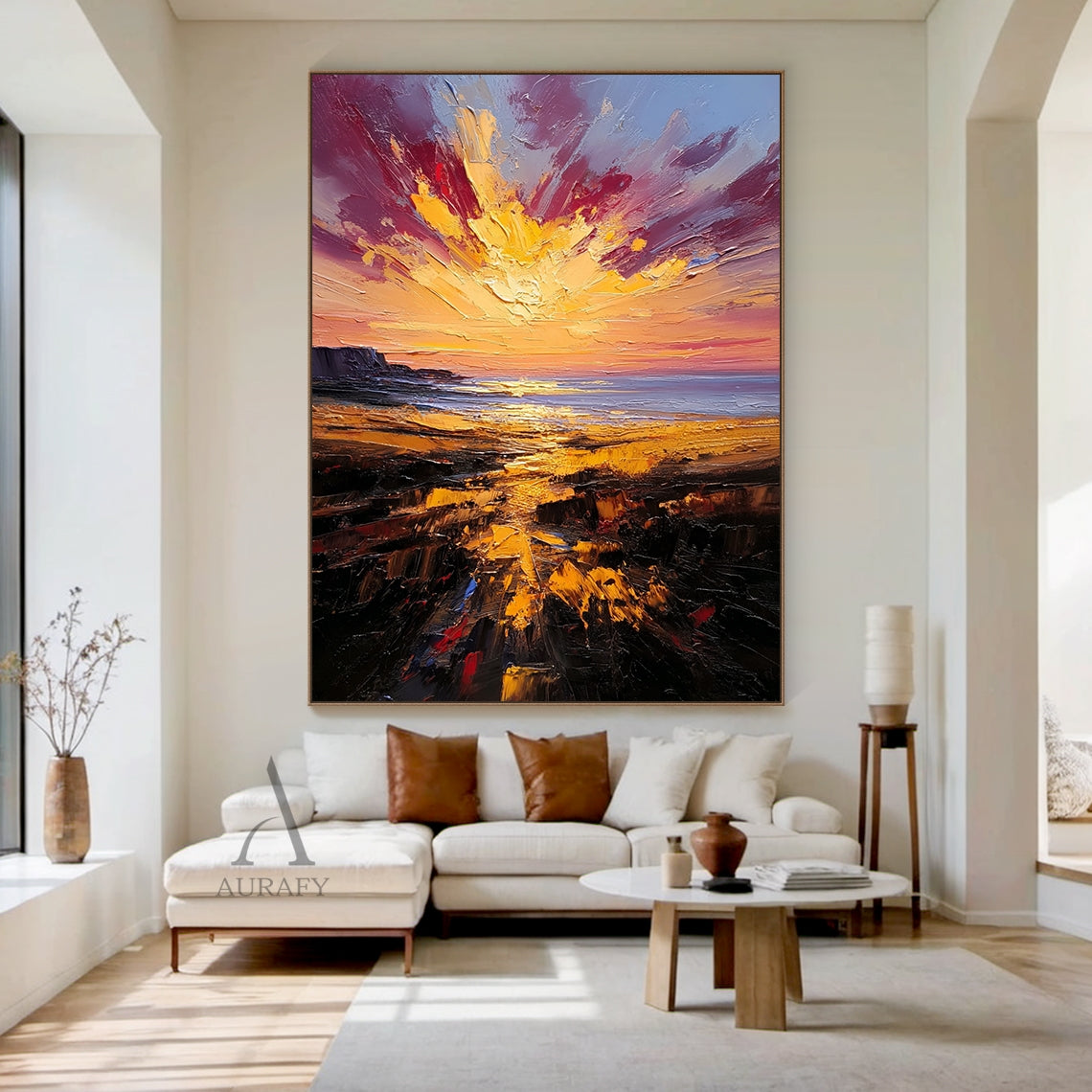 Impasto knife stroke coastal dawn cape landscape oil painting AURA747, full panoramic view: foreground deep taupe jagged cliff edge dotted with glistening pale mint shallow puddles with subtle pink undertones, middle misty slate blue offshore sea undulating with soft gilded dawn light reflections, background gradient soft lavender and pale tangerine sky with rising pale golden sun halo, small weathered pale wooden cottage silhouette on the far left headland, thick textured impasto surface with bold expressi