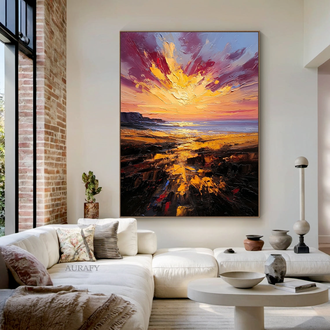 Impasto knife stroke coastal twilight cliff landscape oil painting AURA747, full panoramic view: foreground dark taupe rocky shore dotted with foamy pale cyan tide pools with subtle lavender undertones, middle calm indigo coastal sea rippling with soft silver twilight reflections, background gradient lilac and pale tangerine sky with fading golden sun afterglow, small white lighthouse silhouette on the far right horizon, thick textured impasto surface with bold expressive strokes, core color palette of indi