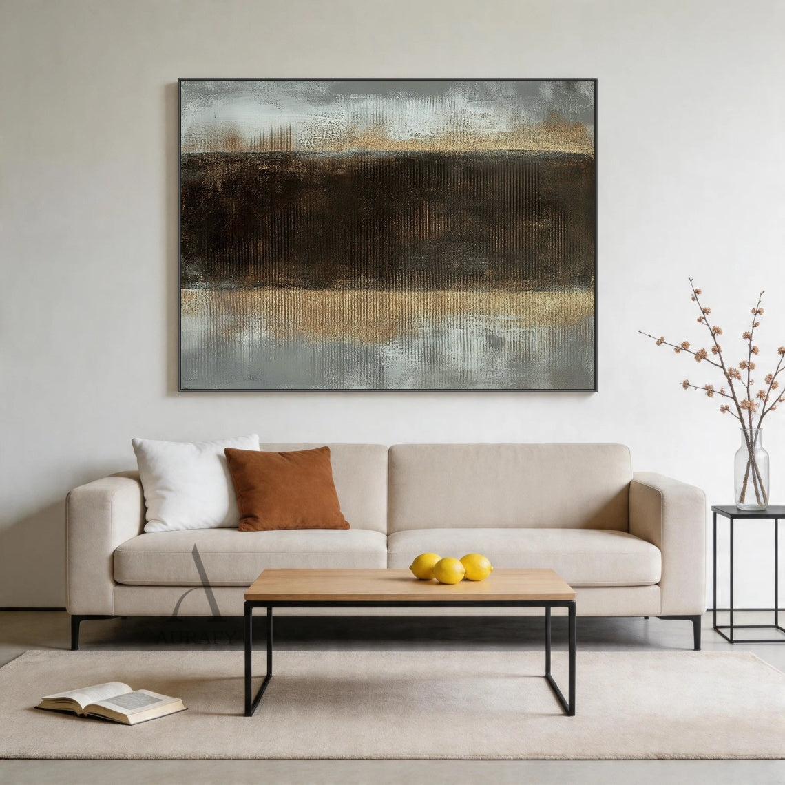 AURA409 General Abstract Wall Art | Black Gray with Warm Metallic Undertones | 3D Tactile Surface | Layered Impasto | Vertical Rhythmic Strokes | Minimalist Wabi-sabi Style | Ideal for Modern Living Room Accent, Cozy Bedroom Wall Decor, or Refined Home Office Statement Piece