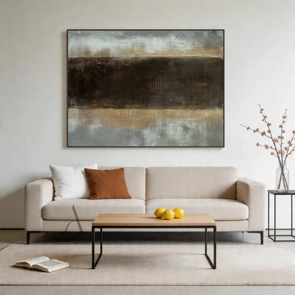 AURA409 General Abstract Wall Art | Black Gray with Warm Metallic Undertones | 3D Tactile Surface | Layered Impasto | Vertical Rhythmic Strokes | Minimalist Wabi-sabi Style | Ideal for Modern Living Room Accent, Cozy Bedroom Wall Decor, or Refined Home Office Statement Piece