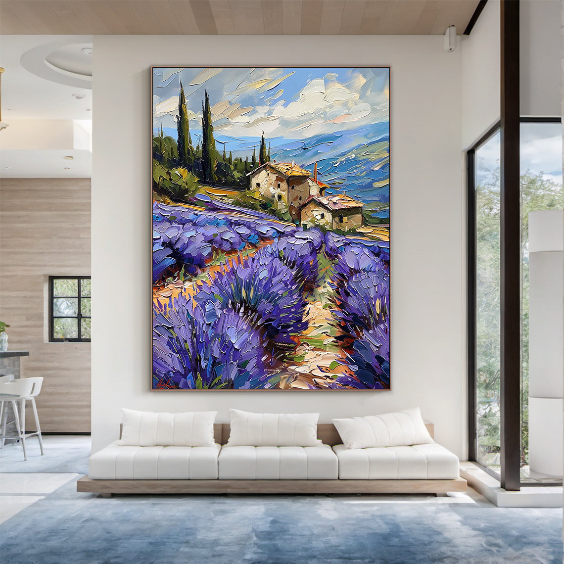 Impasto palette knife oil painting of sun-kissed Provence lavender countryside landscape, foreground features thick textured gradient violet and amethyst lavender flower clusters dotted with tiny wild buttercup accents, alongside a warm terracotta winding country dirt path edged with low wild grass, midground includes weathered rustic southern European stone farmhouses with burnt orange terracotta roofs, tall dark green Mediterranean cypress trees and a low rough stone fence draped in pale pink climbing ros