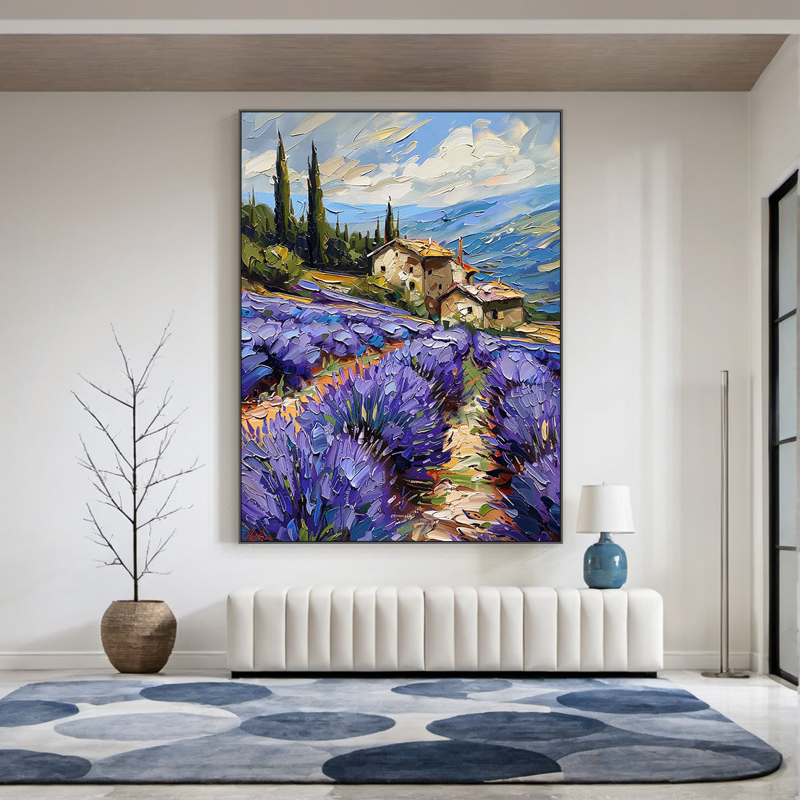 Impasto palette knife oil painting of golden hour Provence lavender countryside landscape, foreground features thick textured gradient lilac, violet and deep amethyst lavender flower clusters dotted with tiny creamy white daisy and bright yellow wild poppy accents, alongside a weathered light oak wooden split-rail fence draped with pale purple creeping thyme and dainty white clover, midground includes creamy whitewashed southern French countryside café with warm burnt orange terracotta sloped roofs, tall si